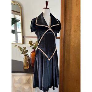 LIKA STEEL Velour Fit & Flare Midi Dress Short Sleeve Collar‎ Black Size Large